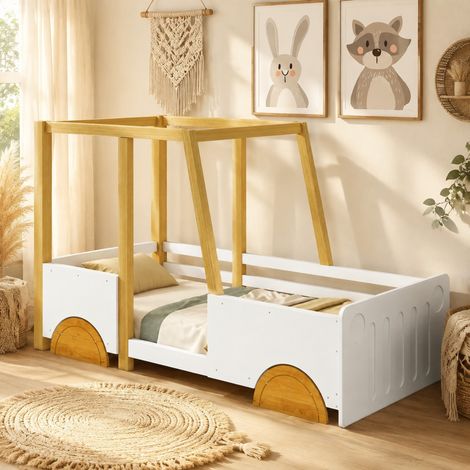 Letto auto 90x200 cm in legno e MDF, bianco e naturale, con sponde, senza materasso – MEUBLIV (1/5)