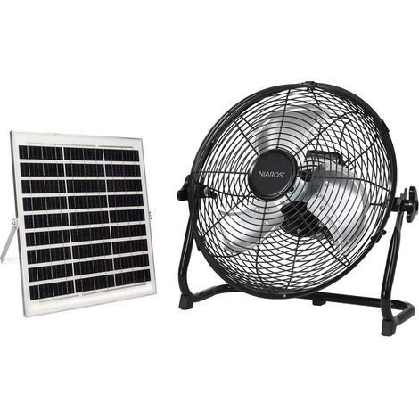 EDM – Ventilateur de sol en métal noir avec panneau solaire – Design robuste et durable – Alimentation autonome pour intérieur et extérieur