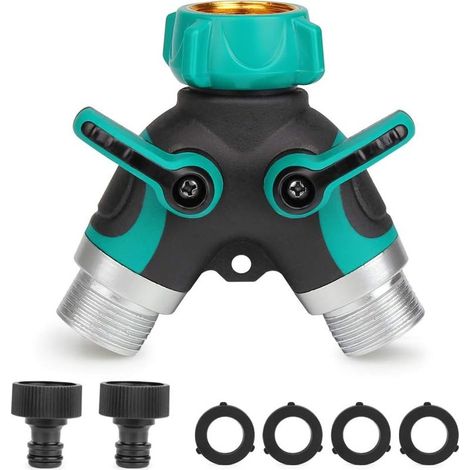 Distributeur Y - Séparateur De Tuyau À 2 Sorties - Raccord D'arrosage 3/4 Pouces - Débit Réglable Et Verrouillable - 2 Robinets Indépendants - 4 Joint Torique Inclus (1/5)