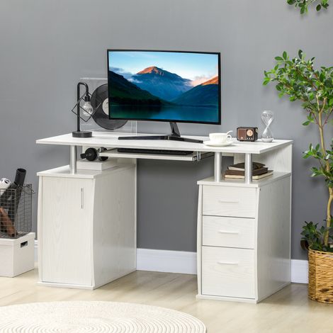 Bureau Informatique 120x55 cm, Plateau Clavier, 3 Tiroirs, Chambre Domicile, Blanc (1/5)