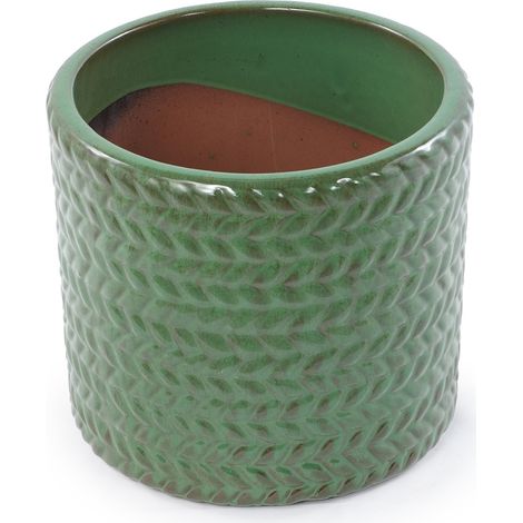 Maceta de cerámica artesanal Ø 37 cm verde oliva brillante con relieve espiga (1/4)