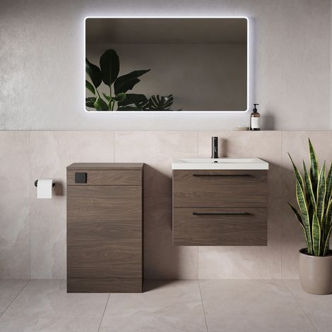 Napoli 390 Brown Oak 1100mm Wall Mounted 2 Drawer Vanity Unit and Toilet Suite with Glide Basin - 1100mm - Matt Black 320mm HandleWithout Kingston Toilet Pan