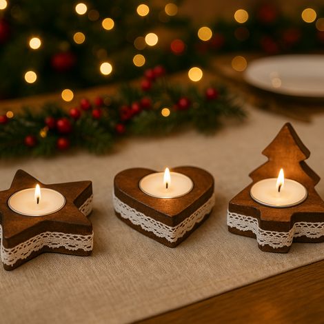 Pack de 4 Bougeoirs en Bois Noël 10cm – Décorations de Table Festives, Formes Aléatoires, Centre de Table Naturel (1/5)