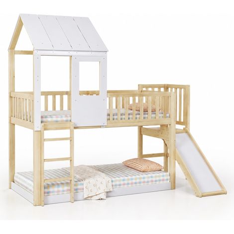 Lit mezzanine enfant 90x200 avec toboggan, échelle 3 marches à angle droit, toit et fenêtre, barrières de sécurité, bois clair et blanc, CHICFURN (1/5)