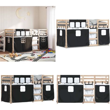 Litera con cortinas madera maciza pino blanco y negro 90x190 cm - Litera con cortinas - Cama para niños