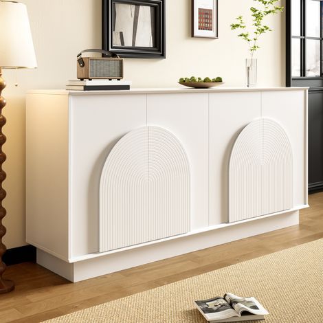 Buffet blanc élégant 160 cm avec 4 portes cintrées et finition mate – Meuble de rangement pour salon et salle à manger, 160x38x80 cm