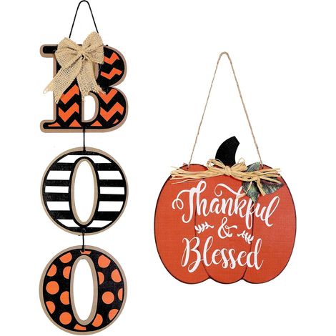 Panneau Décoratif Automnal - Panneau En Bois Avec Motif Citrouille Et Mention Thankful Blessed - Décoration Murale Ou Porte Pour Halloween, Action De Grâce, Automne - Lot De 2 (1/5)