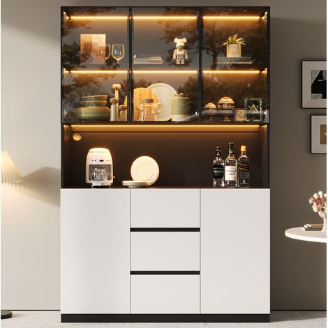 Vitrina de cristal LED (120x40x200 cm), con estantes abiertos, 3 cajones y 2 puertas, MDF negro (1/5)