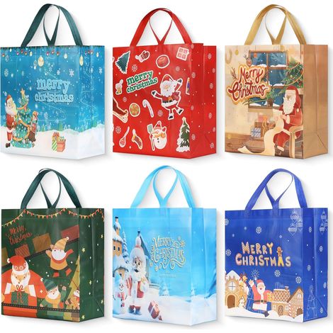 Lot de 6 sacs cadeaux, non tissé, 35x31x15 cm, poignées solides, réutilisable, Noël, décoration fête