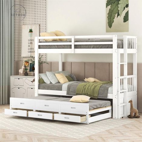 Lit superposé 90x200cm - Lit d'Enfant Cadre de Lit en Pin et MDF avec échelle Échelle - Lit Extensible + 3 Tiroirs -Blanc (1/5)