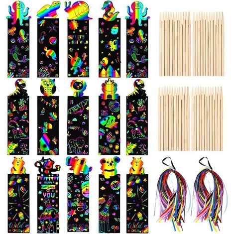 96 Pièces Marque Pages à Gratter, 12 Modèles Marque-Pages Arc-en-Ciel Magic Scratch Papier d'art à Gratter pour Animaux pour Enfants École Classe - avec 96 Stylet en Bois, 96 Rubans de Satin