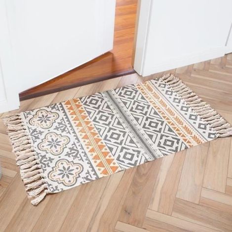 Tapis - Coton - 60 x 90 cm - Gris Orange - Géométrique - Rectangulaire - Pour Salon Chambre Cuisine Buanderie - 1 Pièce (1/2)