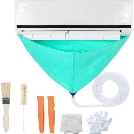 Kit de housses de protection pour le nettoyage de la climatisation, universelles, avec 7 accessoires, tuyau de 2 m, vert Étiquette (1/5)