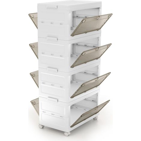 COSTWAY Comodino in Plastica Multipiano con Coperchio 168 L, Scatole Impilabili con 4 Ruote e Freni, Contenitori di Stoccaggio Pieghevole, per Soggiorno, Camera da Letto e Bagno, Bianco (4 Ripiani) (1/5)