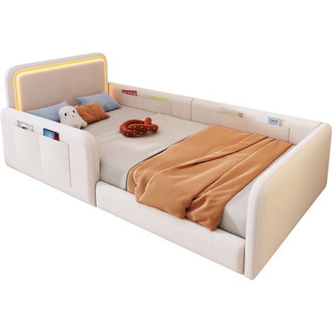 Lit double rembourré  180x200 cm avec tête de lit lumineuse, led, port usb-c, 4 tiroirs rangement, sommier à lattes bois, coton-lin, beige (1/5)