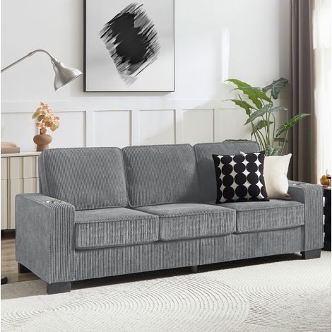 Canapé 3 places 206 cm gris en velours côtelé avec porte-gobelets,206x72x86 cm (1/5)