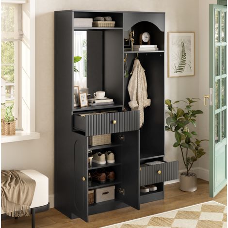 Vestiaire d'entrée avec miroir, banc, rangements et LED 100x35x180 cm noir MDF FloraGrace (1/5)