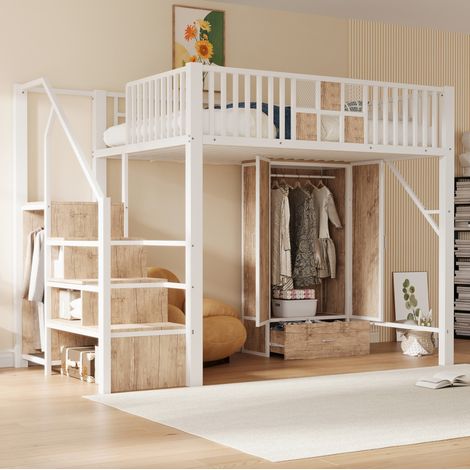 Cama alta 255x145.5x170 cm, con armario, cajón y escalera con almacenaje, metal y madera, blanco (1/5)