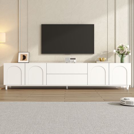 Meuble TV à quatre portes et deux tiroirs, structure en panneaux de particules et MDF, pieds en tubes d'acier, meuble de rangement moderne pour salon avec portes cintrées, salon (1/5)