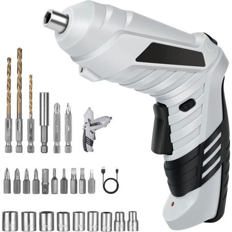 Perceuse Visseuse Sans Fil , Visseuse Devisseuse Excentrique , Visseuse Devisseuse 1300mAh 3.6V + 26 Accessoires , 2 Sens Rotation + Lampe LED , Câble Charge USB , Idéal pour Artisans (1/4)