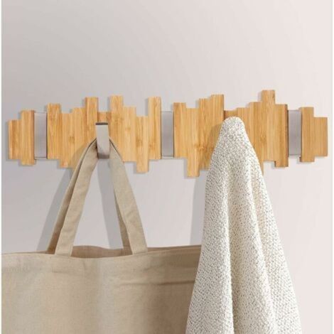 Porte-manteau mural en bois - Crochet porte-manteau avec 5 crochets en métal dépliables pour manteaux, vestes, chapeaux, sacs, couloir, chambre, salle de bain 40 cm