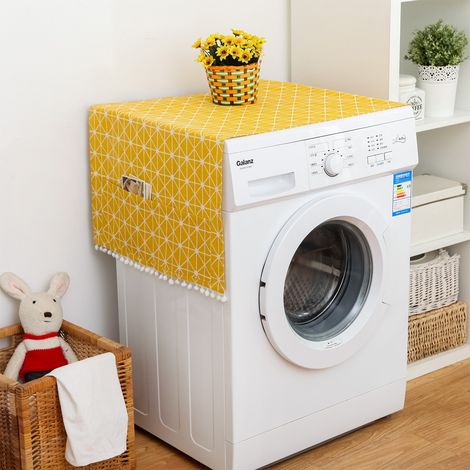 Housse De Protection Pour Machine À Laver - Tissu Coton Mélangé - Avec Poches Latérales - Jaune Et Blanc Rayé - 70 x 170 cm (1/5)