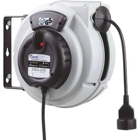 Enrouleur électrique automatique 10m 3G2,5mm² 230V avec disjoncteur thermique – Enroulement automatique à ressort – Coque antichoc – Mavel