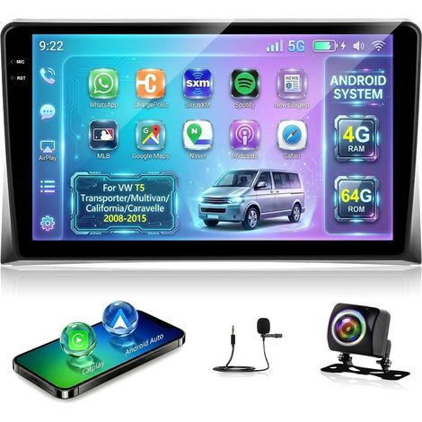 Autoradio 4+64G Android pour VW T5 Transporter/Multivan/Califonia/Caravelle 2008-2015 avec Carplay sans Fil et Android Auto - Écran incell 9 Pouces Prise en Charge WiFi GPS + Caméra de recul (1/5)