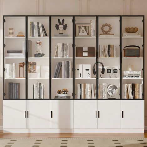 Vetrina alta 240 x 32 x 200 cm con 12 ante, LED, MDF e vetro, bianca OKMYHOME (1/5)