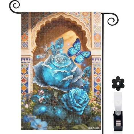 Drapeau de jardin roses bleues et fond sombre 30 x 45 cm décoration terrasse et extérieur (1/3)