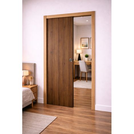 Porte Coulissante Décor Noyer Light Walnut H204 X L93 Cm,galandage, Kit Finition Gd Menuiseries