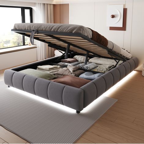 MEUBLIV Lit double rembourré hydraulique 140 x 200 cm, avec rangement et bande LED blanche,cadre en métal,gris (1/5)