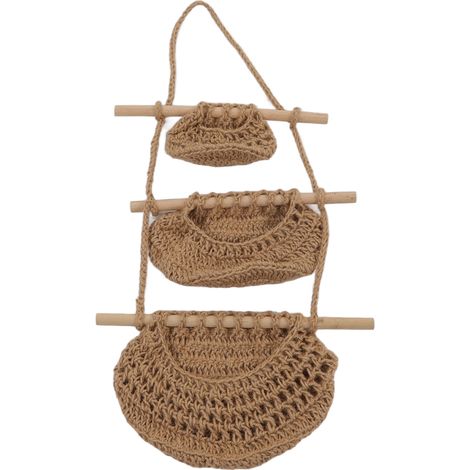 Panier suspendu mural 3 étages en bois et corde de chanvre artisanale, idéal pour ranger jouets, peluches, poupées et accessoires pour animaux.