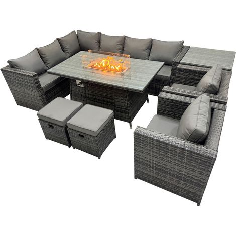 Fimous Rattan Garden Furniture Dining Set 10-seater Gas Firepit Dining Table Corner Sofa Set with 2 Small Stool Side Table Dark Grey Mixed (1/5)