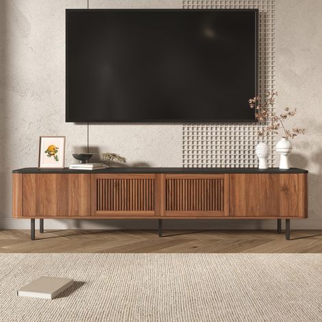 Meuble TV 190x35x45cm moderne minimaliste portes grillagées et pieds en métal en MDF Noye