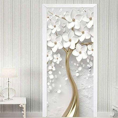 Papier peint de porte autocollant 3D fleur blanche salon chambre - étanche - pour decoration - 90x200cm (1/4)