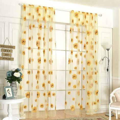 Tende semitrasparenti con motivo a girasoli e occhielli, tessuto trasparente con fantasia floreale, 95x200 cm. (1/5)