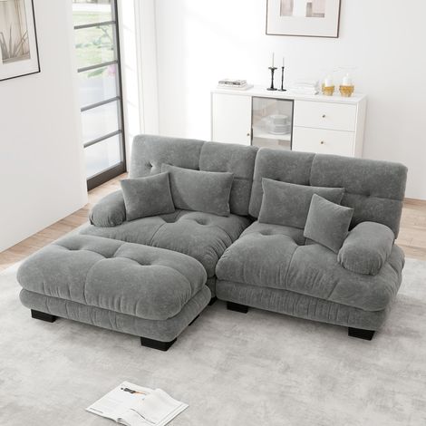 Canape d'angle modulable avec ottomans en chenille gris HAVRYA (1/5)