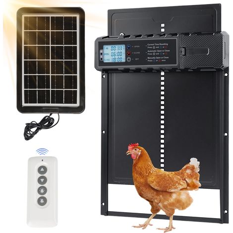 Porte de poulailler automatique résistante aux intempéries avec minuterie intelligente, ouvre-porte électrique en aluminium, alimentée par batterie, fournitures pour l'élevage de poulets (noir). (1/5)