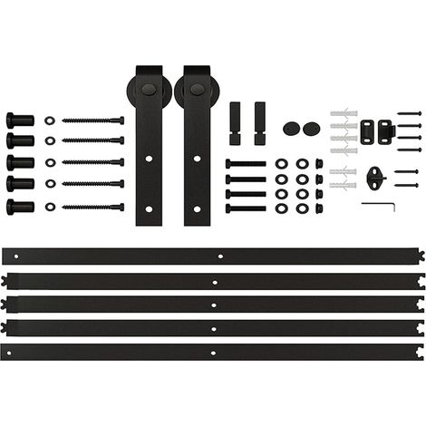 Kit de quincaillerie pour porte de grange à porte simple - rail noir, roulettes, facile à installer (porte non incluse). (1/5)