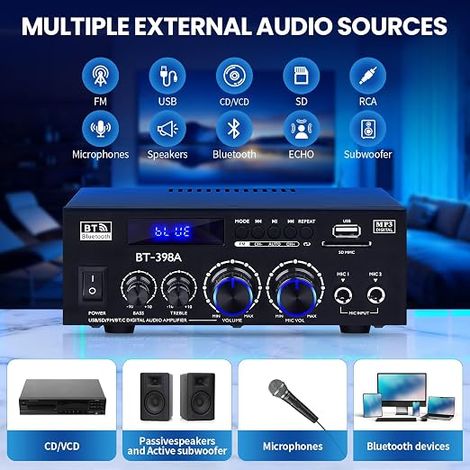 BT-398A Amplificateur Audio, Amplificateur Bluetooth 5.0 2.0 canaux 60Wx2 Mini haut-parleurs Amplificateurs de son numériques avec radio FM USB SD Card pour système audio home cinéma (1/4)