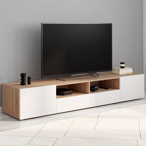 Mueble de TV de madera de haya ELI de 180 cm con puertas blancas