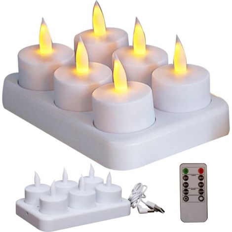 Rechargeable, flameless LED tealight candles with a flickering effect, remote control, timer, and white base, perfect for Christmas decorations, set of 6 (1/5)