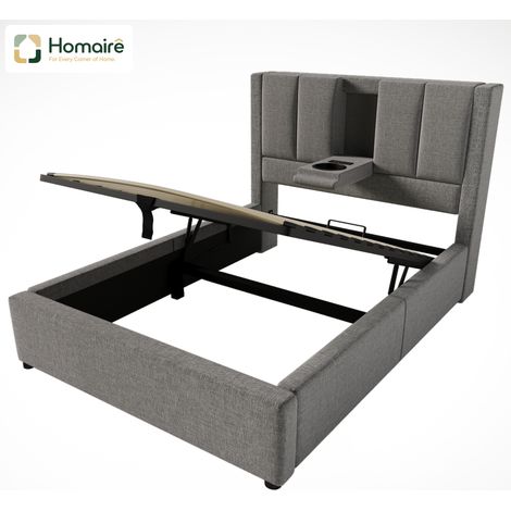 Cadre de lit gris en tissu avec rangement et port USB 217 x 93 x 115 cm HOMAIRE (1/4)