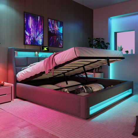 Bett Vintage-modern 140x200 cm grau in Leinenoptik mit Kopfteil, LED, USB, Stauraum mit Gasdruckfeder und Matratze (1/5)
