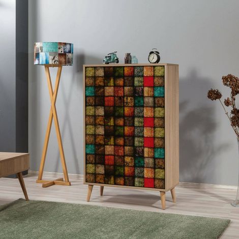 Dmora - Kommode Proxima, Wohnzimmerbuffet, Wohnzimmer-Sideboard, Moderne Küchen-Speisekammer, 80x36h127 cm, Eiche und Multicolor, mit verstärkter Verpackung (1/5)