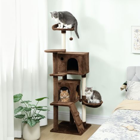 Árbol Rascador para Gatos 160 cm con Plataformas Cama 2 Cuevas Hamaca Escalera Postes de Sisal Marrón (1/5)