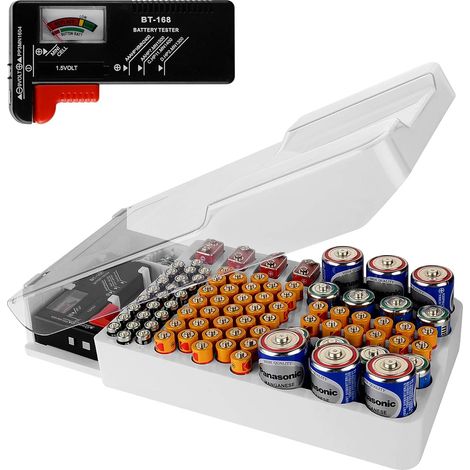 Batterieaufbewahrungsbox mit integriertem Tester – Fassungsvermögen für 93 Batterien (AAA, AA, 9V, C, D, Knopfzellen) für Zuhause, Büro und Werkstatt (1/5)