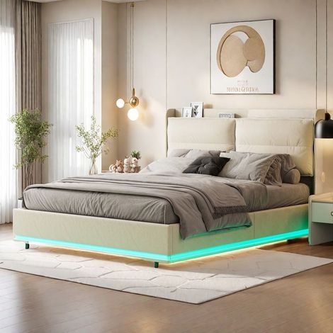 Bettkasten 160x200 cm - TANANT - Beige - Integrierte LED - Abnehmbares Kopfteil - Einfache Aufbewahrung