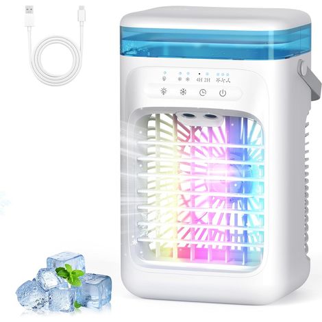 Climatiseur Mobile 1000 ml, Refroidisseur d'air 4 en 1, Climatiseur Portable avec 3 Vitesses, Veilleuse 7 Couleurs, Minuteur 2-4H, Ventilateur Brumisateur pour Chambre à Coucher, Bureau, Salon [Classe (1/5)